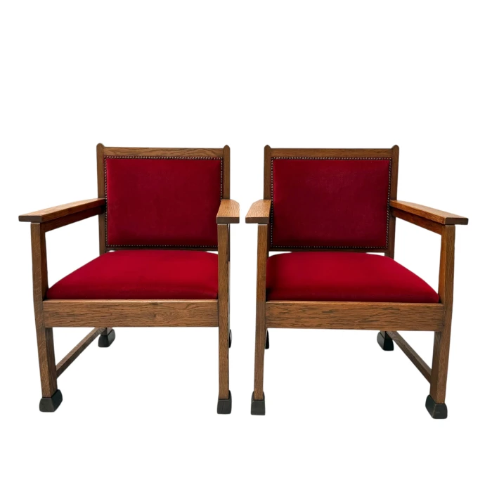 1920s Art Deco Lounge Chairs by Architect Schubad, Solid Oak & Velvet